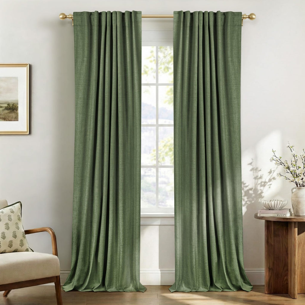 Faux Linen Total Blackout Curtains for Bedroom 102 Inches Long, Olive Green
