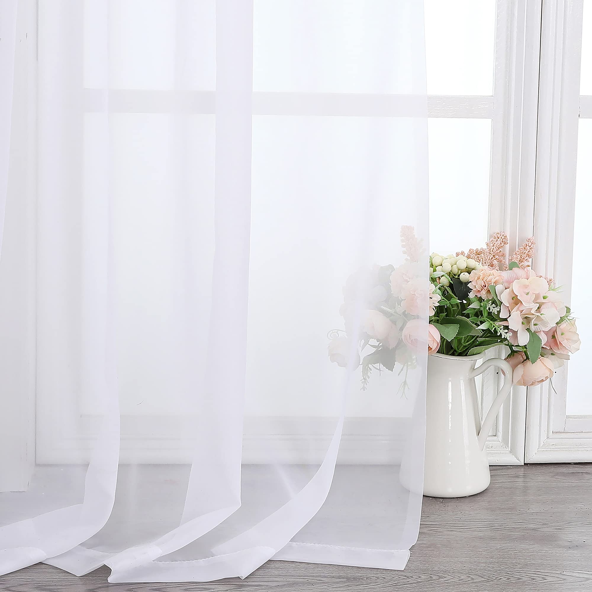 Simplebrand Sheer White Curtains 120 Inches Long, Extra Long Rod Pocket Solid Color Window Sheer Curtain Panels, Elegant Curtains & Drapes for Living Room, Bedroom 2 Panels (White, 2x42x120'')