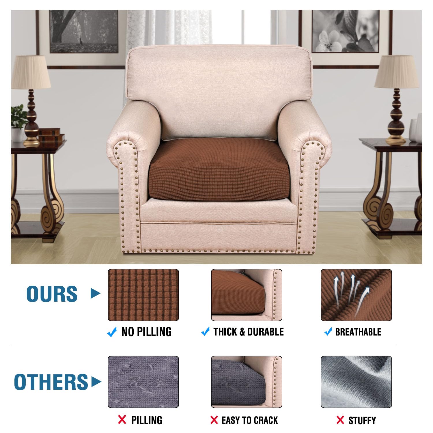 H.VERSAILTEX Stretch Couch Cushion Covers Individual Seat Sofa Chair Slipcovers Cushion Protector Cover Featuring Jacquard Textured Twill Fabric(1 Cushion Chair Cover, Caramel)