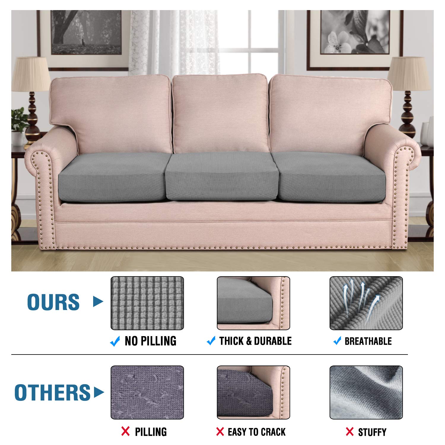 H.VERSAILTEX Super Stretch Couch Cushion Covers Sofa Cushion Slipcovers Jacquard Fabric Individual Seat Couch Slipcover Sets for Pets with Elastic Bottom(3 Packs Cushion Sofa Covers, Dove)