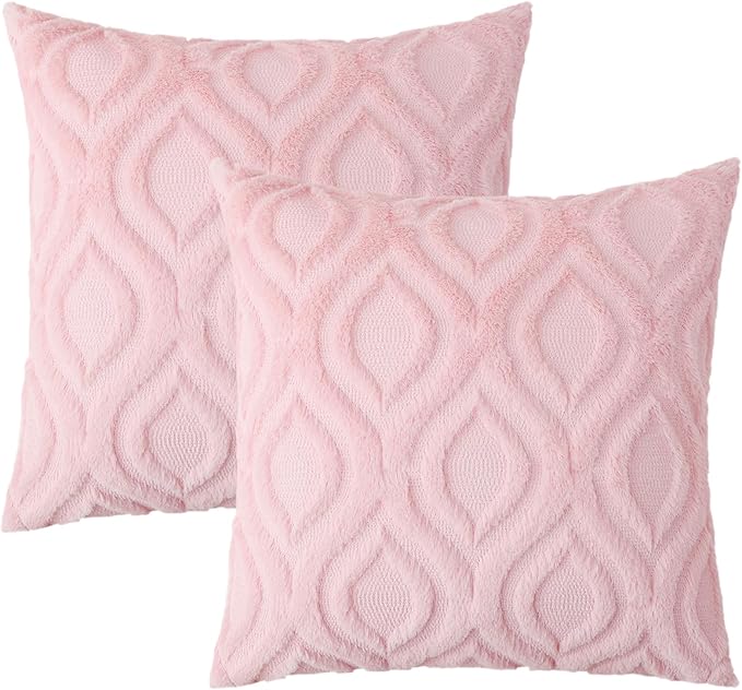 decorUhome Faux Fur Plush Light Pink Throw Pillow Covers 18x18 Set of 2