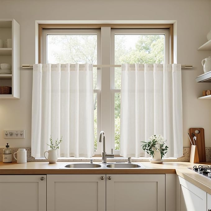 Nanspring 45 Inch Short Window Linen Curtains,for Kitchen Windows Over Sink Semi Sheer Curtain Back Tab and Rod Pocket Neutral Drapes for Cafe/Bathroom/Loft Room Cream 29 x 45,2 Panels