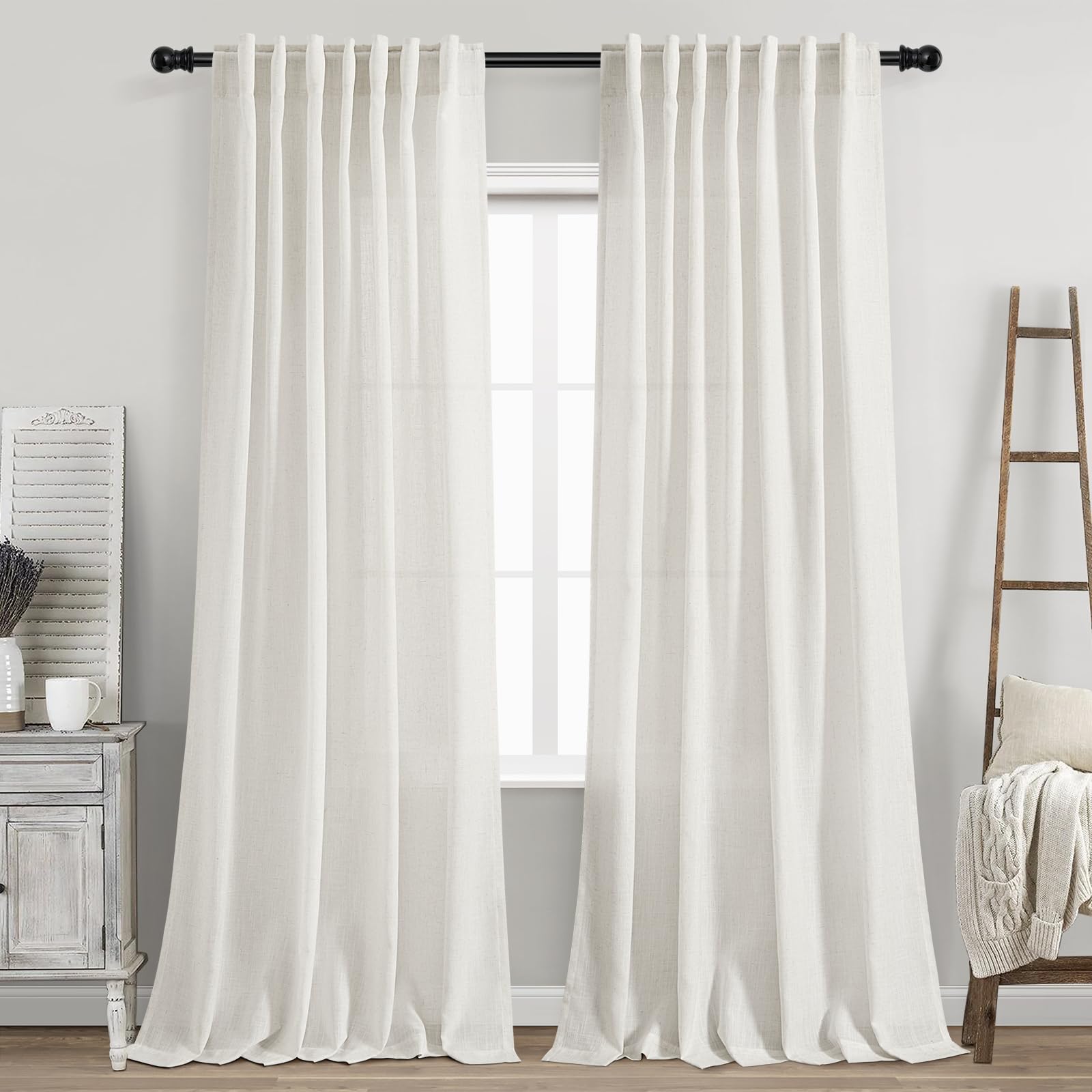 Nanspring Cream Linen Back Tab Curtains 86 Inch Length for Living Room 2 Panel Set Farmhouse Window Semi Sheer Linen Drapes Rustic Pinch Curtain for Bedroom 52X86