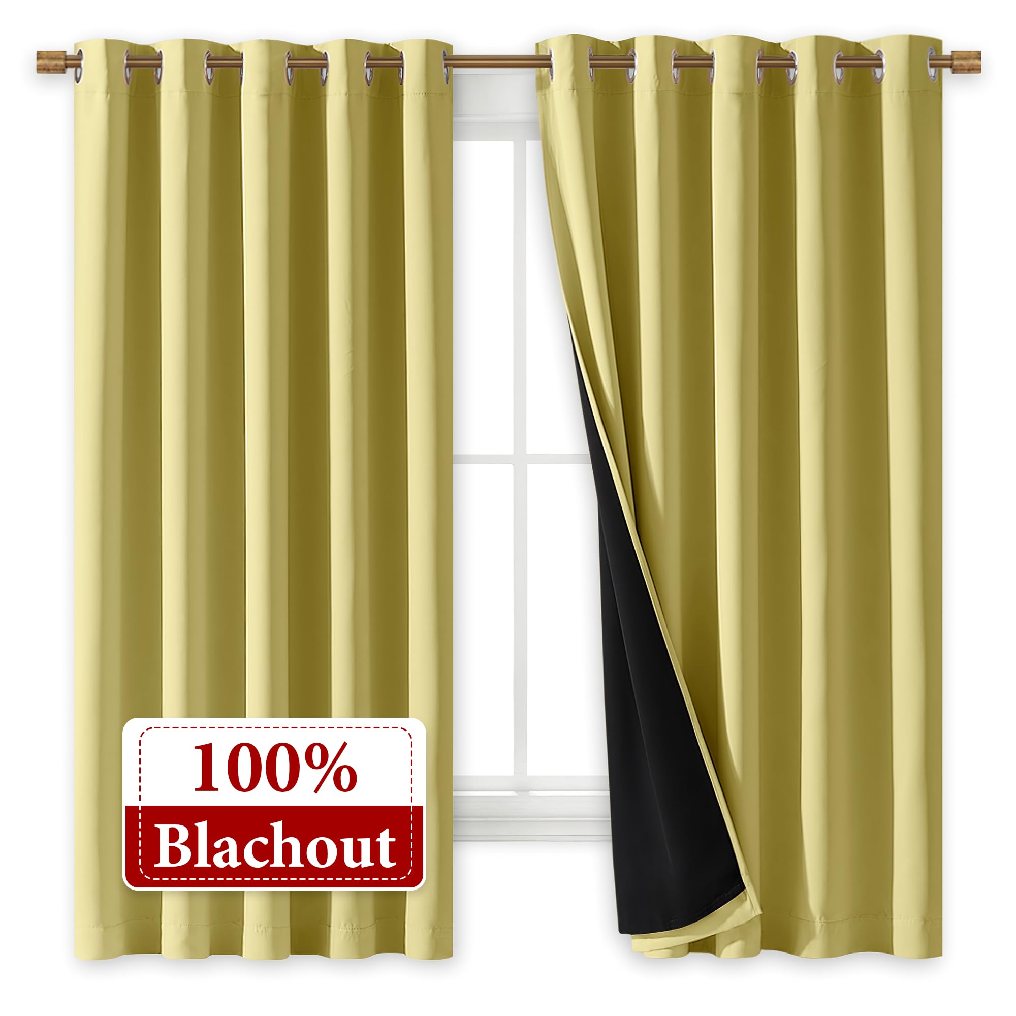NICETOWN 100% Blackout Curtains with Black Liners, Thermal Insulated Full Blackout 2-Layer Lined Drapes, Energy Efficiency Window Draperies for Bedroom (Paler Yellow, 2 Panels, 70-inch W by 63-inch L)