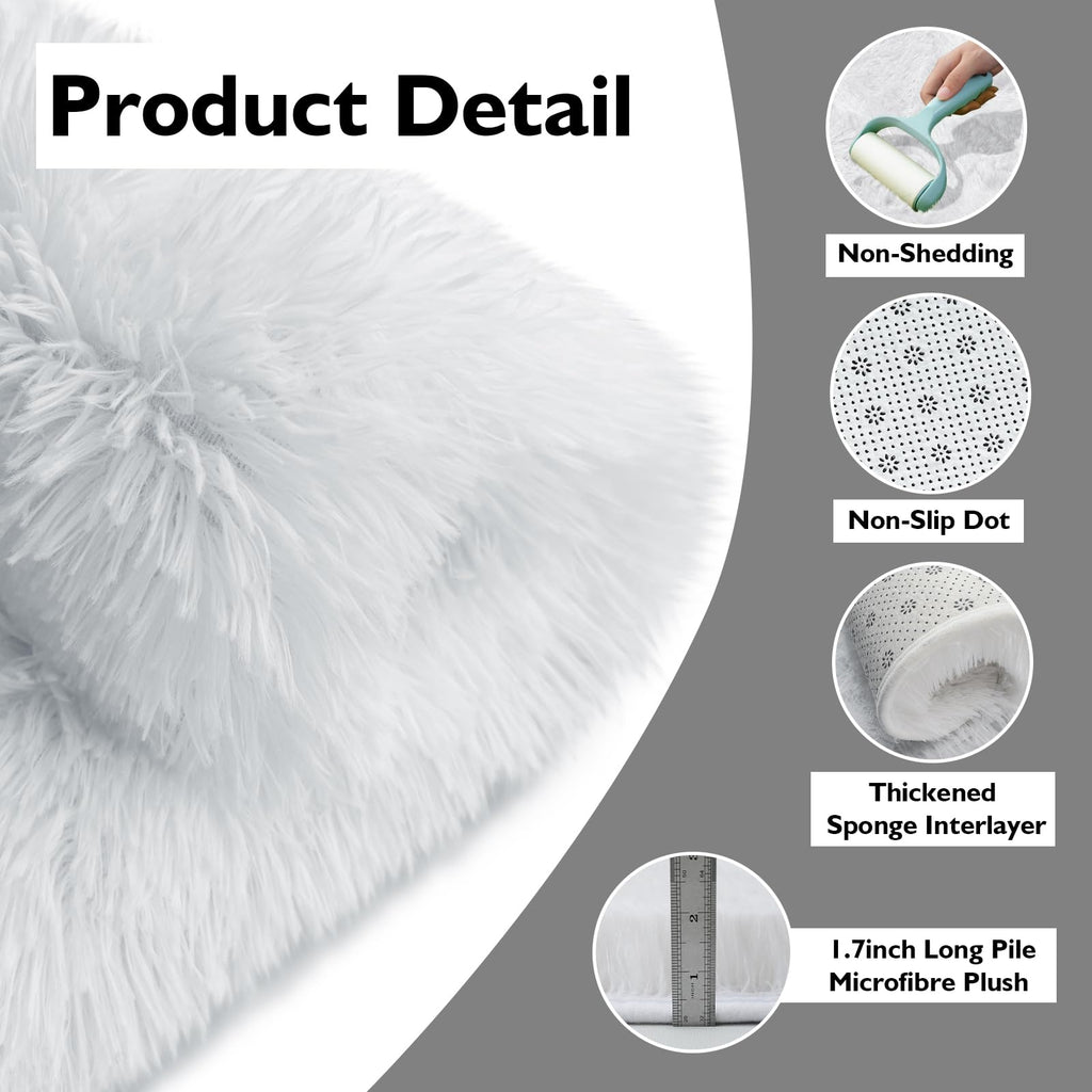 White Fluffy Round Area Rugs for Bedroom,4'X4'Shag Circle Small Area Rugs