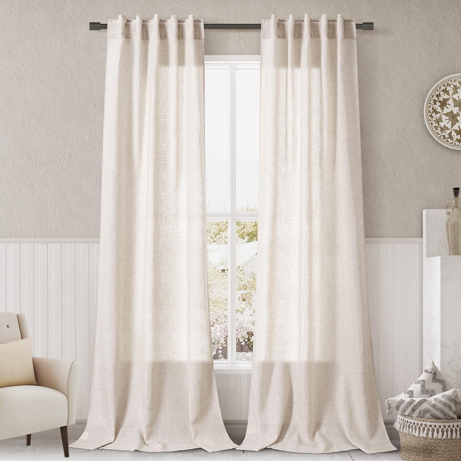 Beige Flax Linen Curtains 84 inches Long for Living Room 2 Panel Tan Burlap Textured Linen Drapes Semi Sheer Privacy Window Curtain Vintage Country Rustic Farmhouse Curtain for Dinning Room