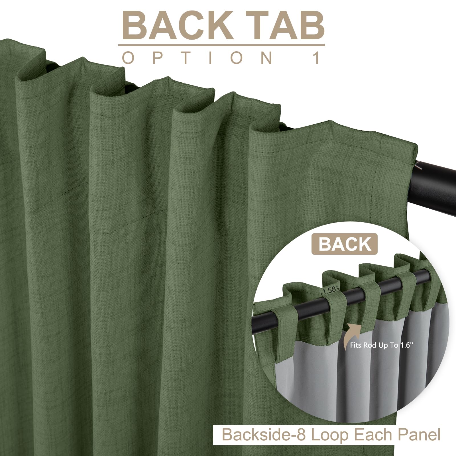Faux Linen Total Blackout Curtains for Bedroom 102 Inches Long, Olive Green