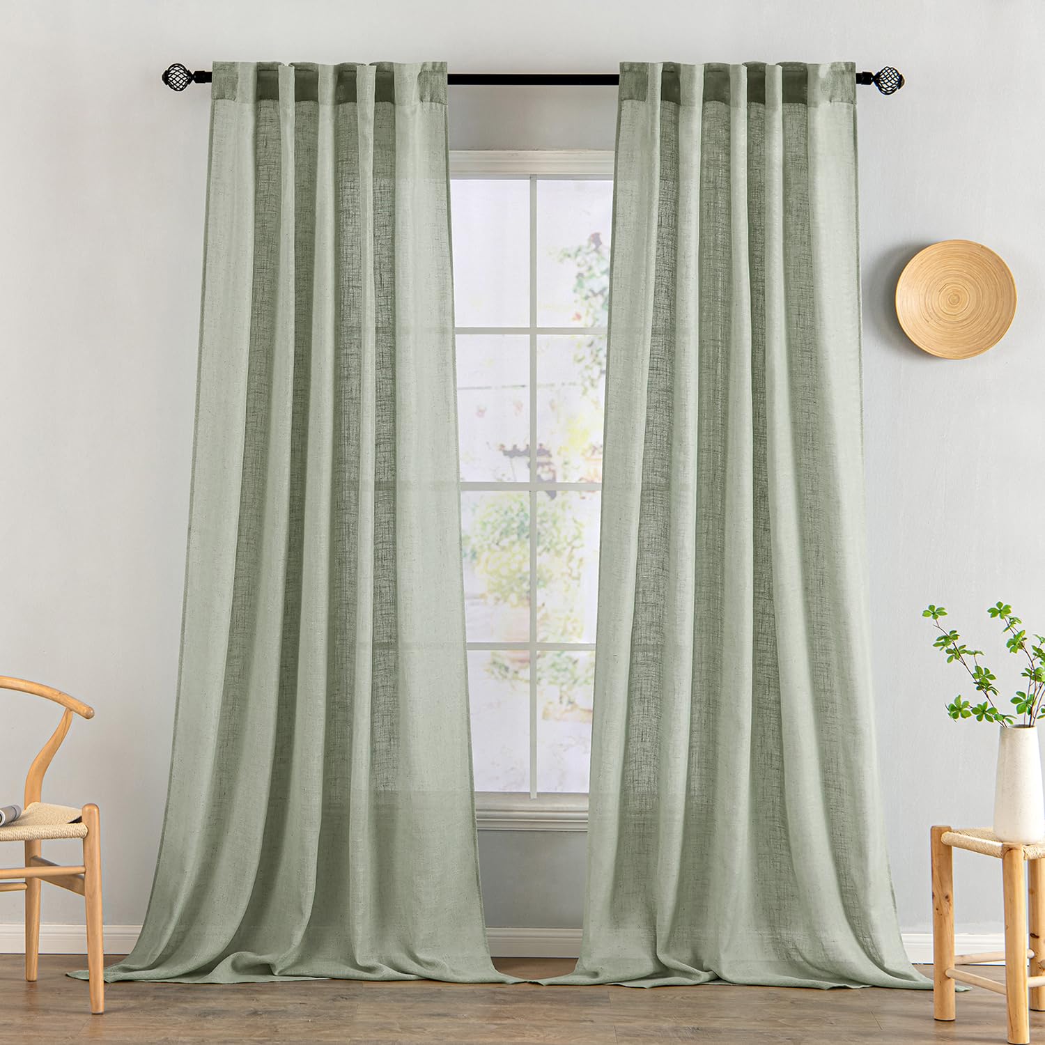 MIULEE Sage Linen Curtains 52x96 Inch Long for Bedroom Living Room Green