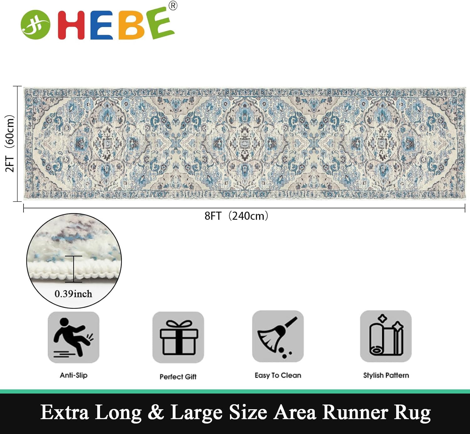 HEBE Hallway Runner Rug 2'x8', Washable Non Slip Kitchen Rug Runner