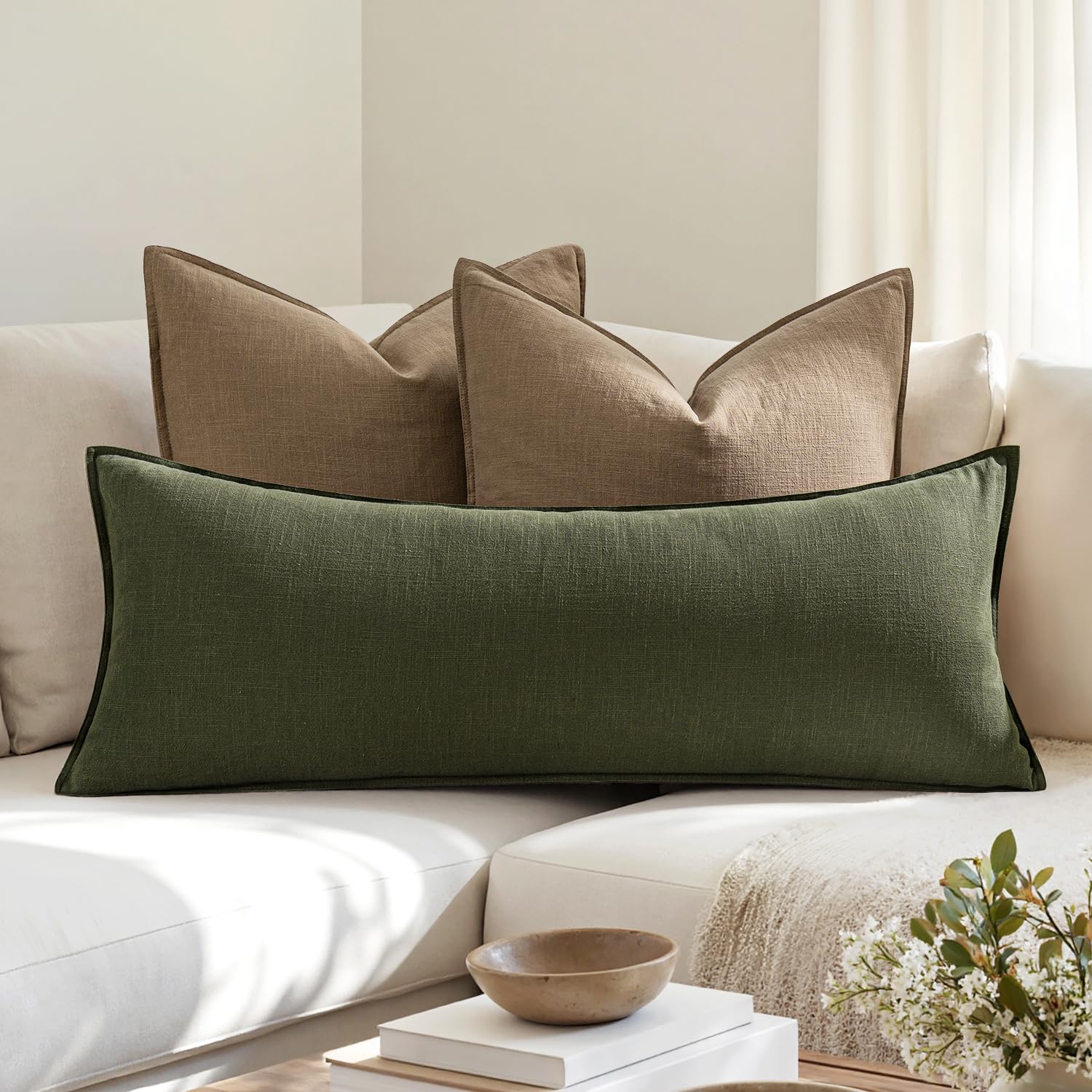 MIULEE Decorative Linen Lumbar Pillow Cover 14x36 Inch Dark Olive Green