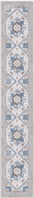 OPPODREAM Soft Entryway Rug 2x12, 2x12 Rug Runner, Neutral Washable Hallways Carpet 2 x 12 with Non Slip Backing, Low-Pile Bedside Carpet 2 x 12, Long, Faux Cashmere, Cream White & Blue & Light Brown