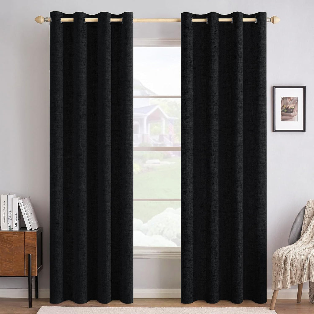 MIULEE 100% Blackout Linen Curtains for Bedroom 52x84 Inches Black