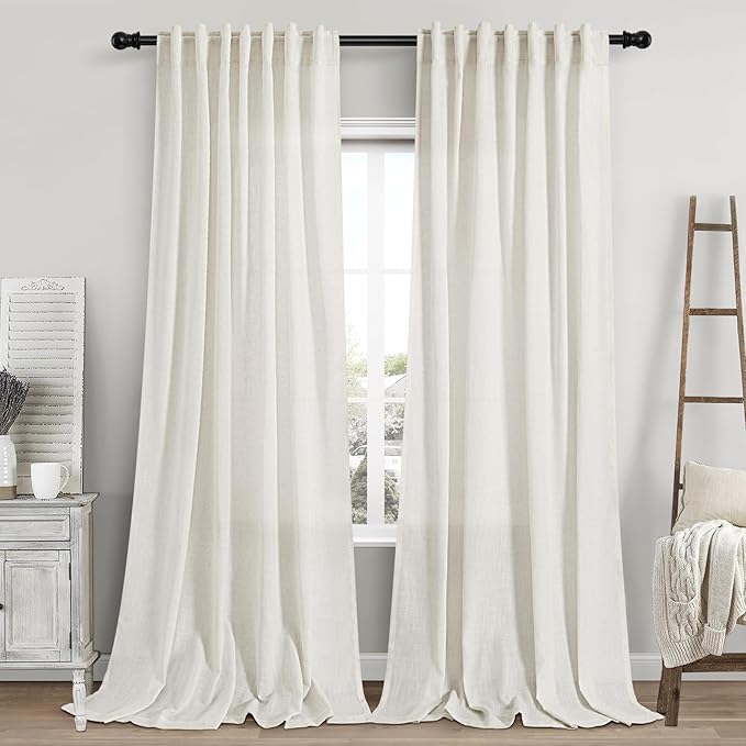 Linen Cream Curtains 118 Inch Extra Long for Living Room Back Tab Light Filtering Semi Sheer Drapes Modern Farmhouse Coastal Decor Cotton Textured Curtain for Floor to Ceiling Window 52x118