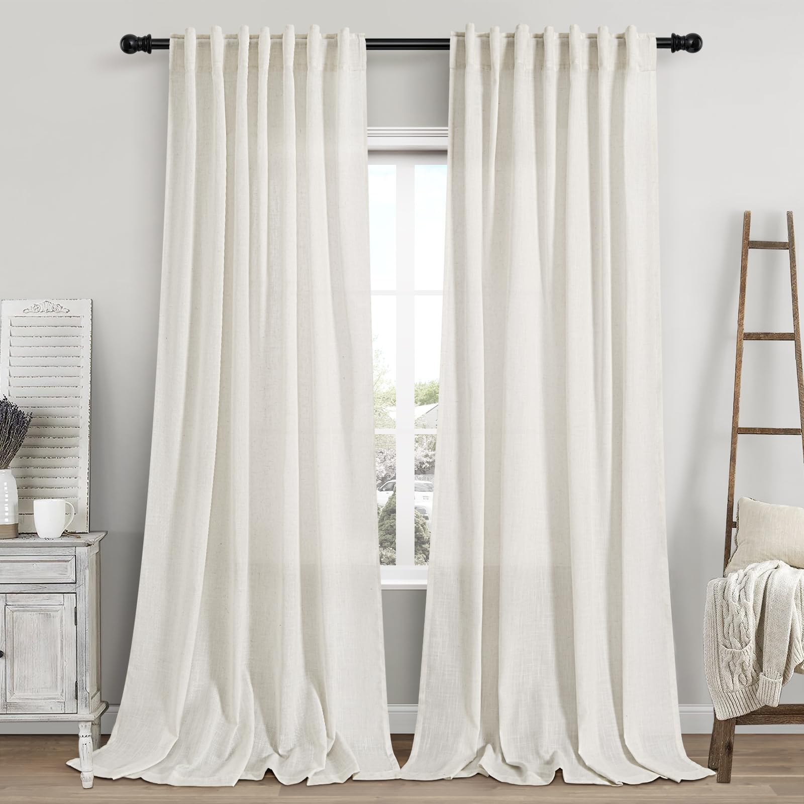 Cream Linen Curtains 101 Inches Long for Living Room Extra Long Back Tab Curtains Neutral Farmhouse Light Filtering Semi Sheer Linen Drapes Ceiling to Floor for Large Window 2 Panels Set 52x101