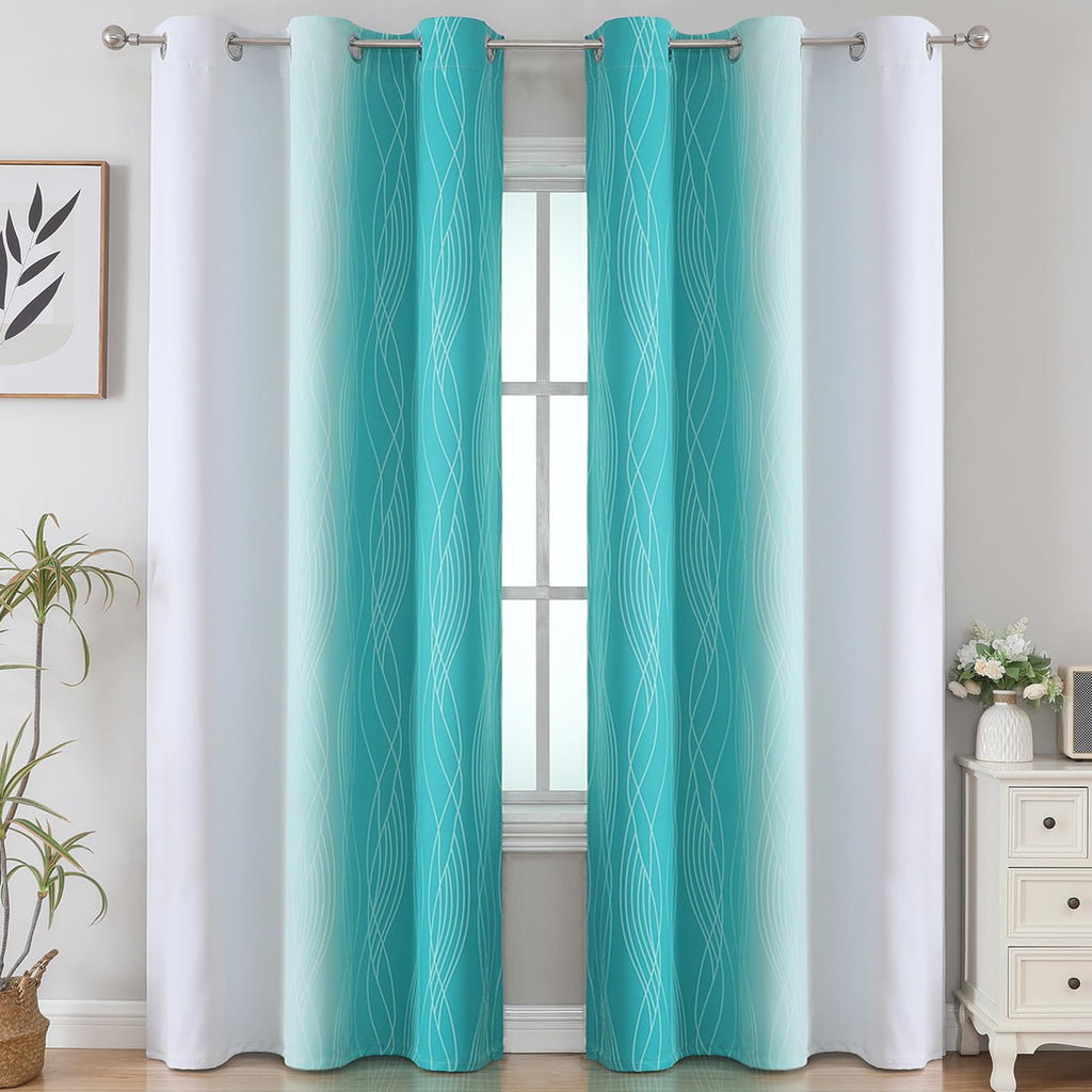 Teal and Grayish White Ombre Blackout Curtains for Living Room 84 Inch Long