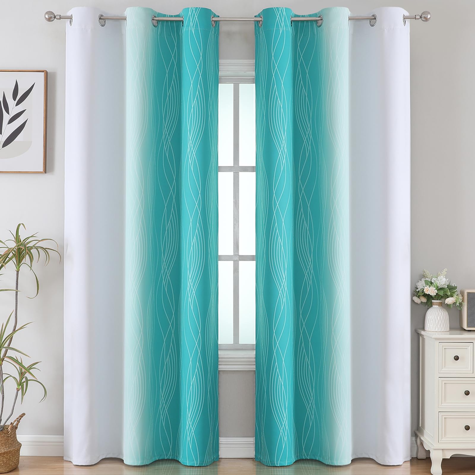 Teal and Grayish White Ombre Blackout Curtains for Living Room 84 Inch Long