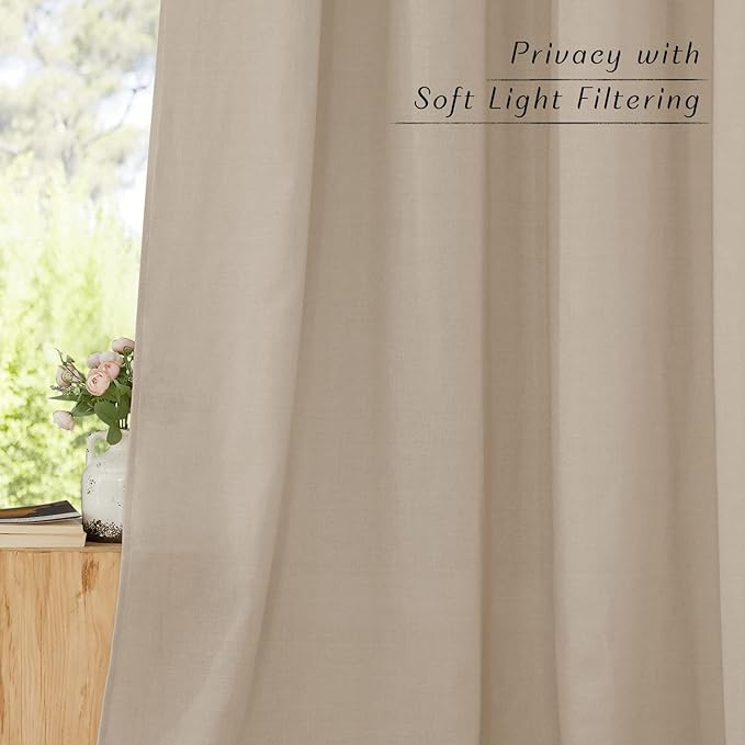 NICETOWN Taupe Short Linen Curtains for Kitchen, Thick Flax Small Window Treatments Semi Sheer Privacy Assured with Light Through for Cafe/Bathroom, W42 x L48, 2 Panels