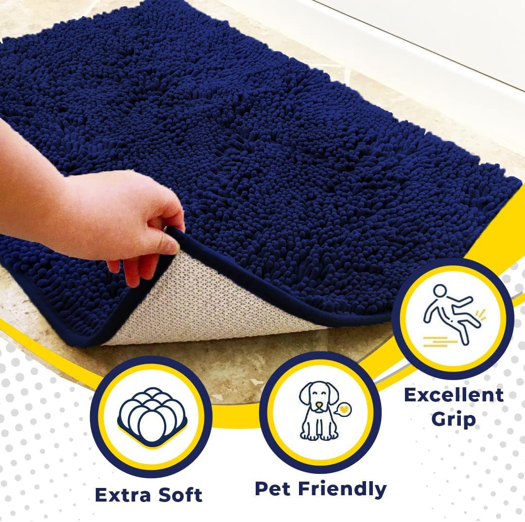Muddy Mat® | Super Water Absorbent Door Mat Indoor, Microfiber Quick Dry Chenille Entryway Rug, Slip Resistant Front Door Mat, Indoor Mats for Entryway, Machine Washable Pet Rug, Navy Blue 24"x72"