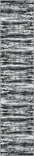 KOZYFLY Modern Abstract Washable Rug Runner 2.6x12 Hallway Rug Runner Non-Slip Soft Kitchen Runner Rugs, Black Navy Blue Grey Striped Carpet for Entryway Bathroom Laundry Room Foyer