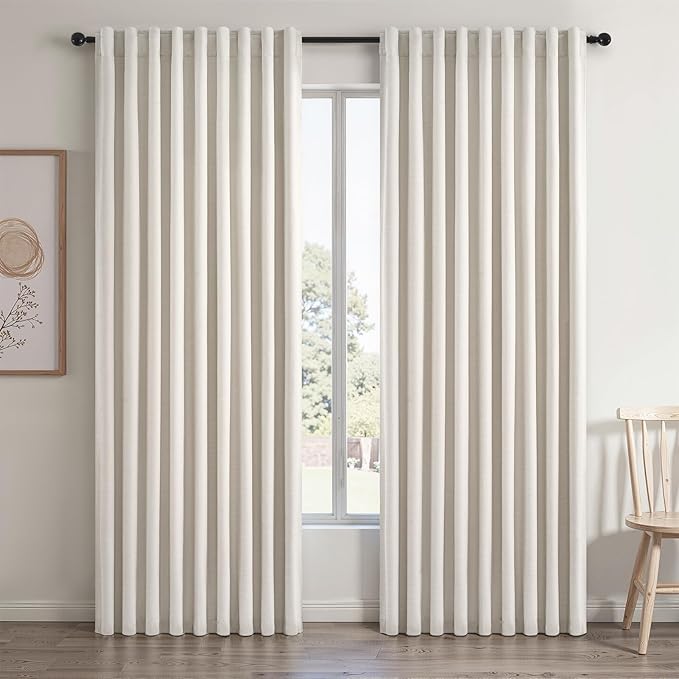 Extra Wide 60 Inch Blackout Curtains 96 Inches Long for Living Room Natural Rustic Textured Linen Back Tab Pleated Dining Room Office Insulated Ceiling Track Window Drapes 60"W x 96"L 2 Panels