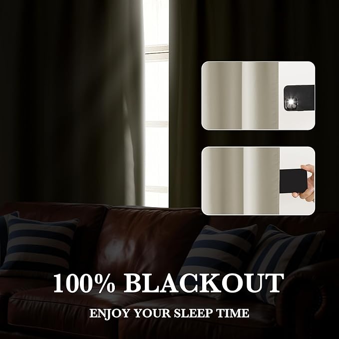 RYB HOME Bedroom Blackout Curtains 72 inches Long, 100% Blackout Thermal Insulated Noise Reducing Curtains for Living Room Nursury, 62 inches Wide by 72 inches Long, Natural