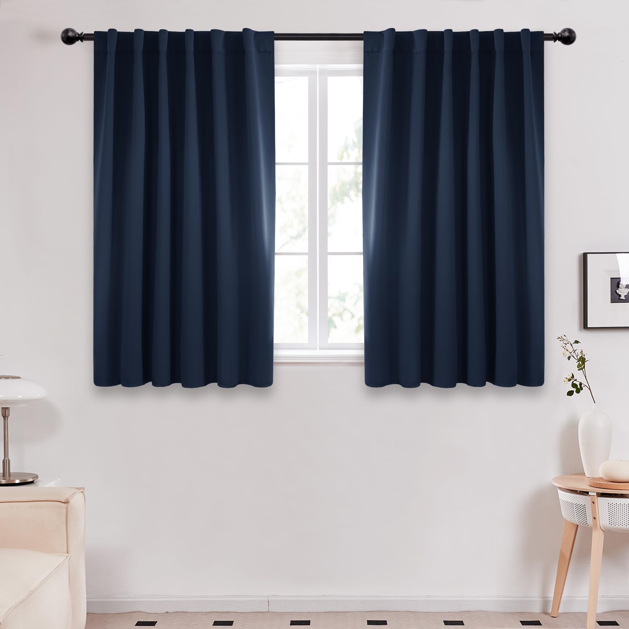 Deconovo Solid Back Tab and Rod Pocket Curtains Thermal Insulated Blackout Window Curtains for Kitchen 52Wx54L Inch Navy Blue 2 Panels