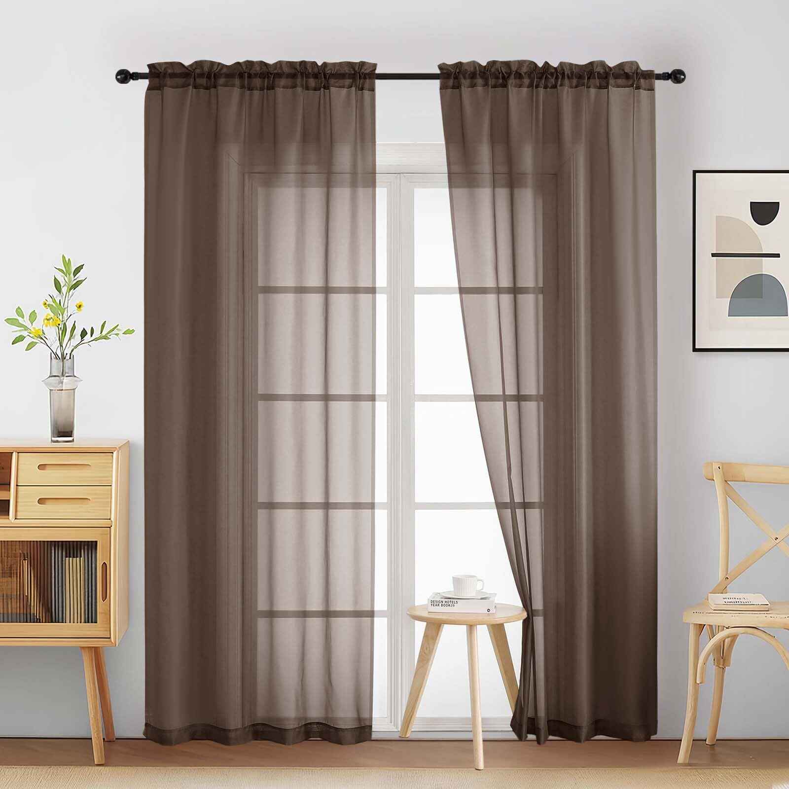 Ebesto Chocolate Sheer Curtains 90 Inches Long 2 Panels, Light Filtering Solid Sheer Curtains for Bedroom Living Room, Lightweight Window Voile Sheer Drapes, Dual Rod Pocket, 2x42Wx90L Inches