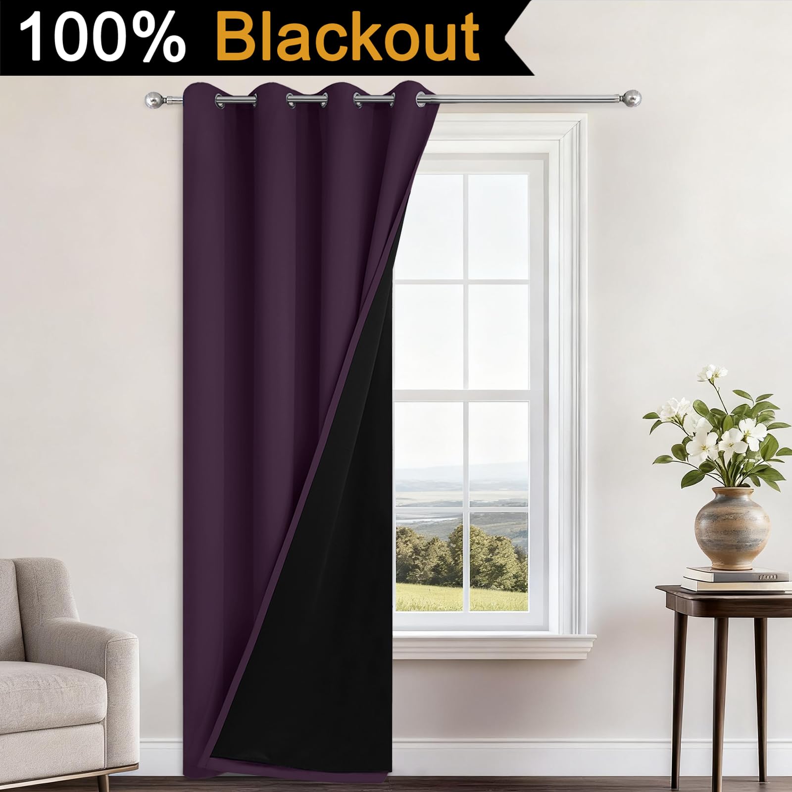 Yakamok Purple 100% Blackout Curtains 84 Inches Long for Bedroom, 1 Panel