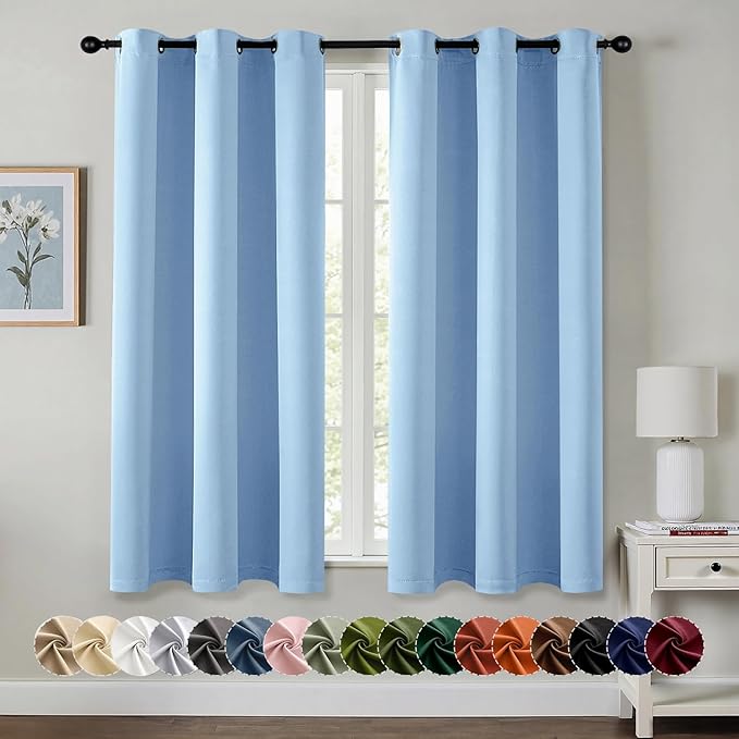 MIULEE Sky Blue Blackout Curtains for Bedroom Living Room 45 Inches Long 2 Panels, Thermal Insulated Room Darkening Drapes Solid Grommet Noise Reduction Light Blocking Window Treatments 40x45 Inch