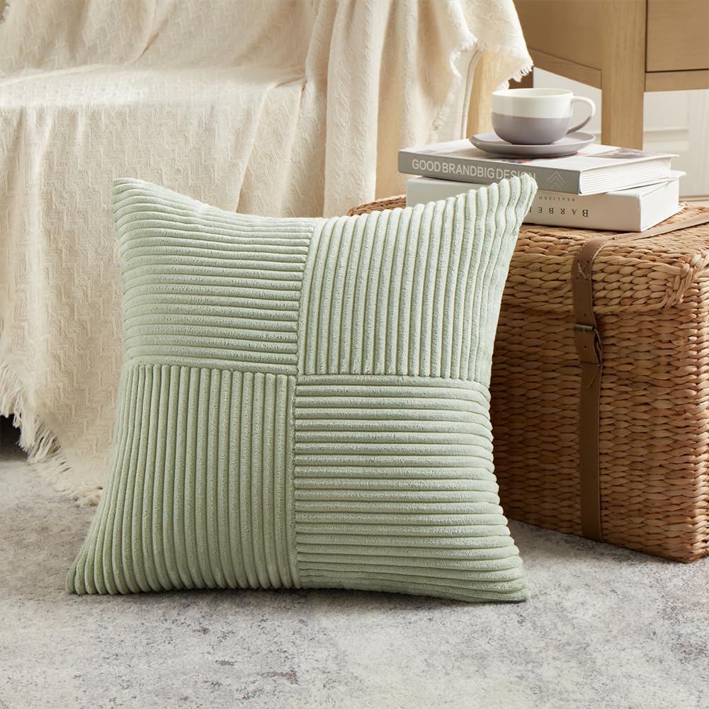 Fancy Homi 2 Packs Sage Green Decorative Throw Pillow Covers 16x16 Inch for Living Room Couch Bed, Rustic Farmhouse Boho Home Decor, Soft Corss Patchwork Corduroy Textured Square Cushion Case 40x40 cm