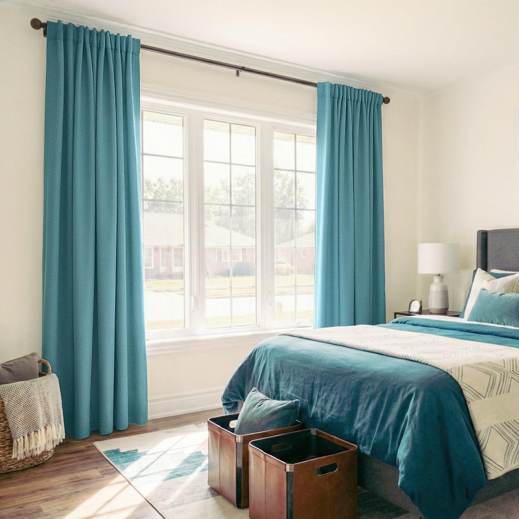 Faux Linen Total Blackout Curtains for Bedroom 90 Inches Long, Dark Cyan