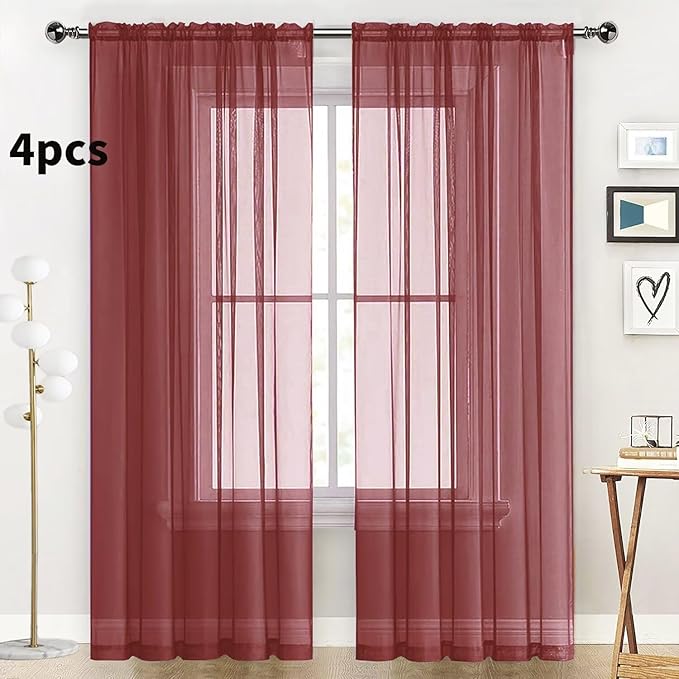 SpaceDresser Burgundy Sheer Curtains 4 Panels Rod Pocket Semi-Sheer Curtain 84 Inches Long Light Filtering Voile Window Drapes for Bedroom Living Room Kitchen, Each 52W x 84L
