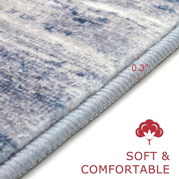 KOZYFLY Modern Abstract Hallway Runner, 2x12 Washable Rug Runner Non-Slip Soft Striped Kitchen Runner Rug, Grey Blue Print Carpet for Entryway Bathroom Laundry Room Foyer