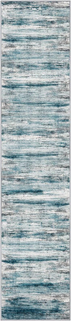 KOZYFLY Modern Abstract Hallway Runner Rug, 2.6x12 Washable Rug Runner Non-Slip Soft Striped Kitchen Runner Rugs, Print Blue Carpet Runner for Entryway Bathroom Laundry Room Foyer