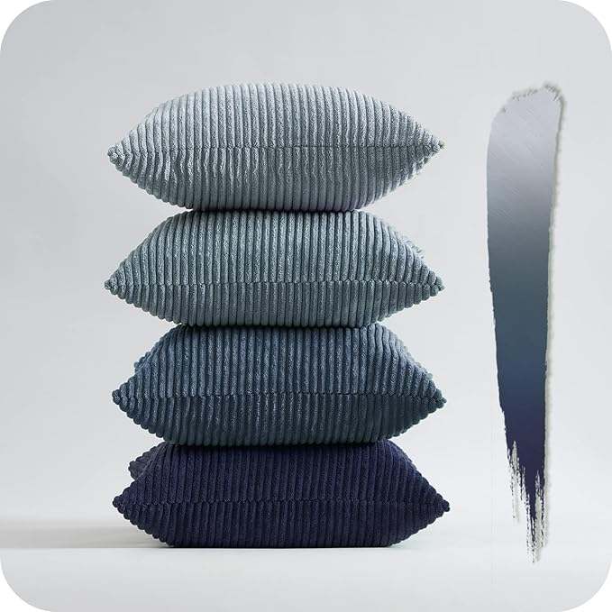 Topfinel Navy Blue Euro Shams Decorative Throw Pillow Covers 26x26 Inch Set of 4,Soft Corduroy Striped Gradient Color Large Cushion Cover for Beach,Patio,Balcony,Living Room,Summer Home Decor