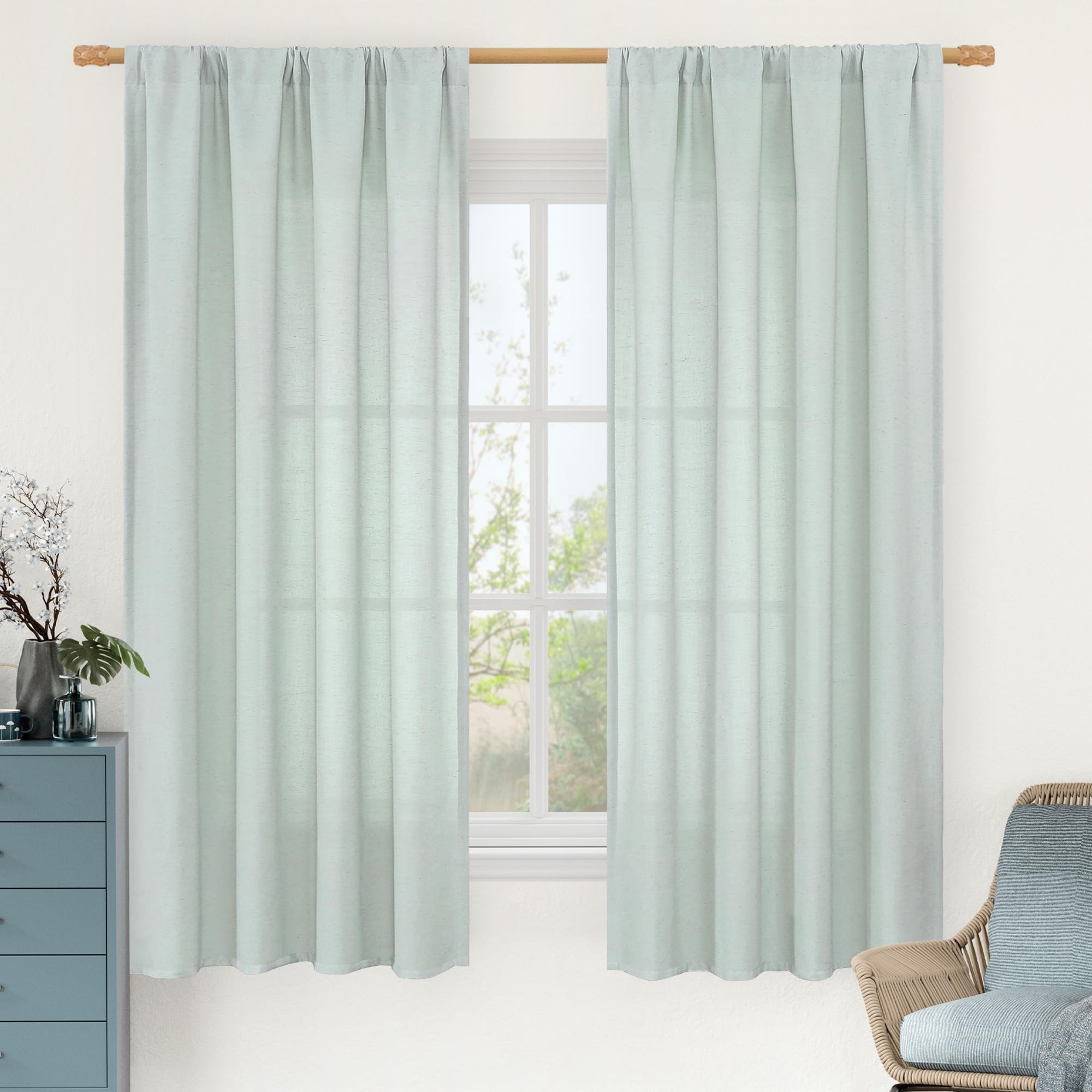 LAMIT Light Filtering Linen Curtains 63 Inch Length for Bedroom, Light Blue