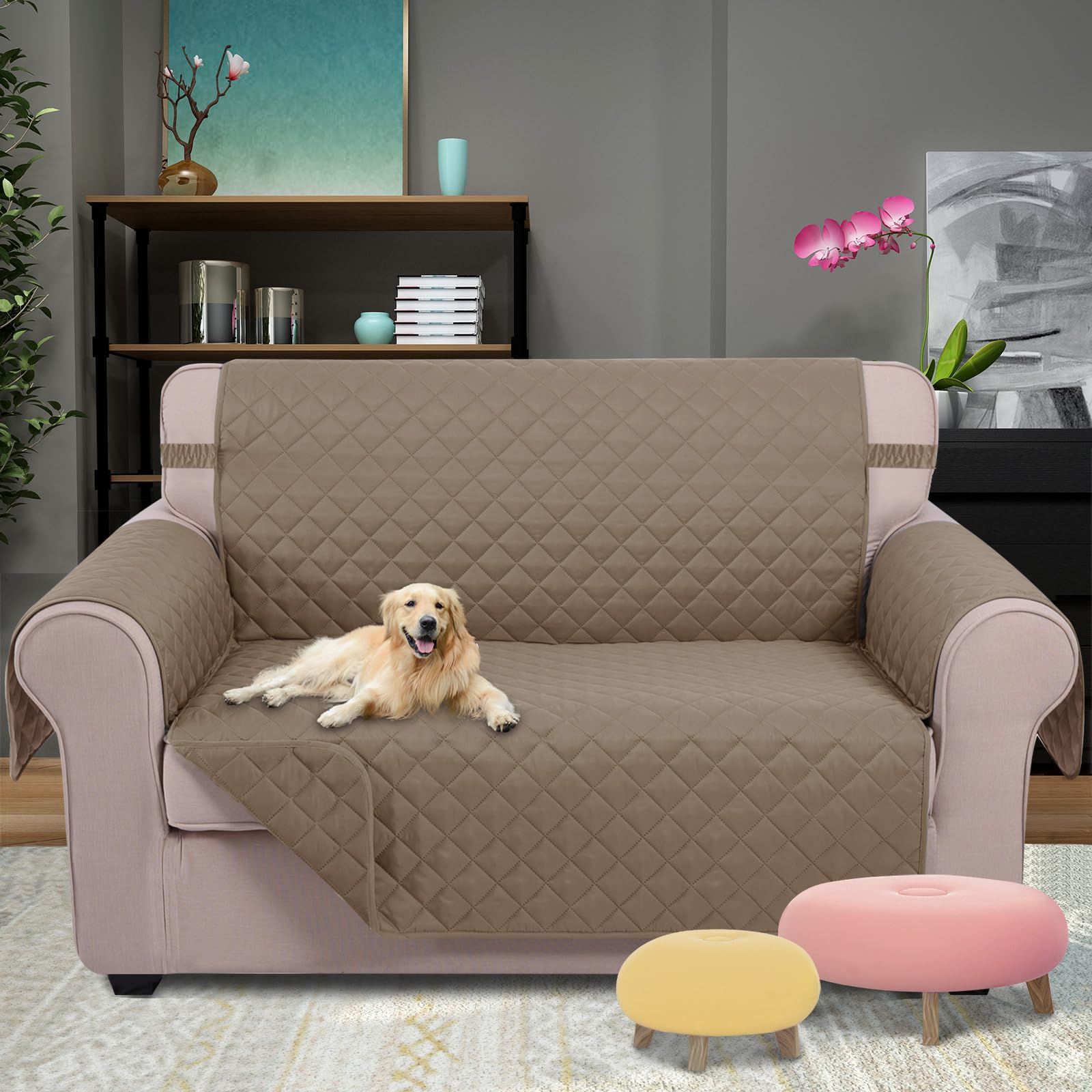 U-NICE HOME Loveseat Sofa Cover for 2 Cushion Couch, Taupe/Taupe