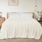 Exclusivo Mezcla Queen Size Flannel Fleece Blanket, Super Soft Striped Jacquard Bed Blanket, Lightweight Fuzzy Cozy for All Seasons, 90x90 Inches, Ivory