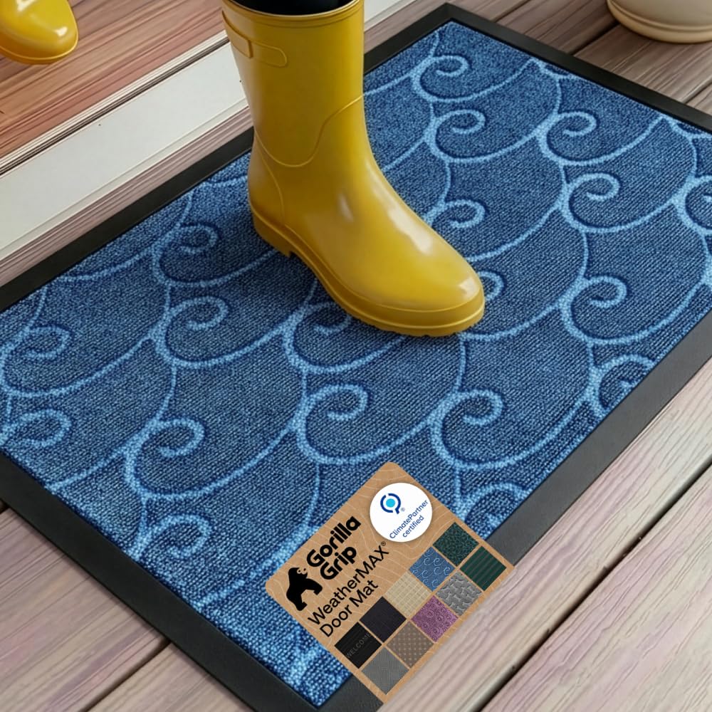 GORILLA GRIP 100% Waterproof All-Season WeatherMAX Doormat 35x23, US Designed Natural Rubber, Stain and Fade Resistant, Low Profile Indoor Outdoor Door Mats, Easy Clean Patio Mat, Ocean Blue Waves