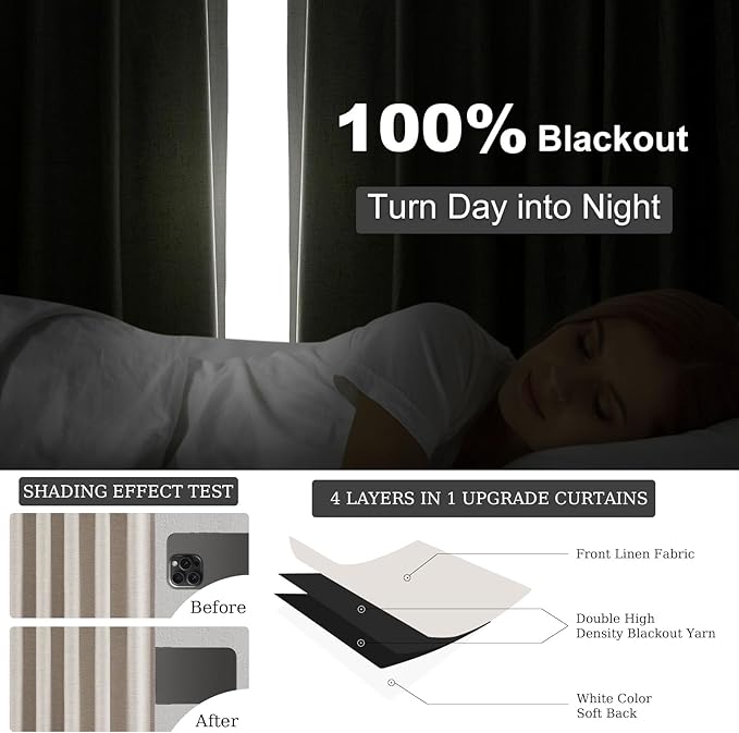 Topfinel 132 Inch Long Blackout Burlap Custom Curtains Natural Linen Tweed Pleated Window Coverings Nursery Winter Boho Farmhouse Heat Sound Block Back Tab Curtains for Large Bay Window