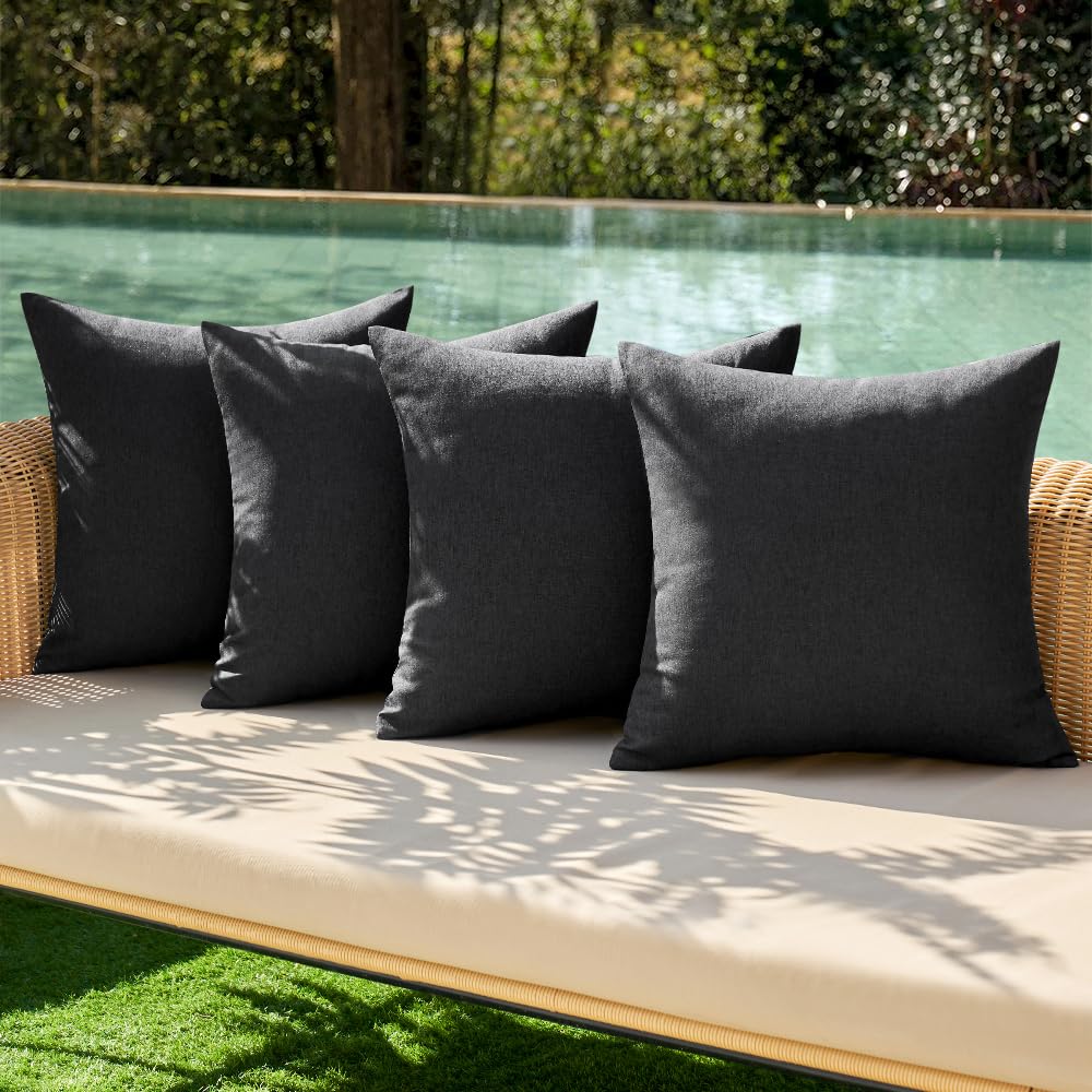 MIULEE Pack of 4 Decorative Outdoor Throw Pillow Covers Linen Waterproof Pillow Covers Summer Farmhouse Cushion Cases for Patio Garden Tent Balcony Couch Sofa 16x16 Inch Black