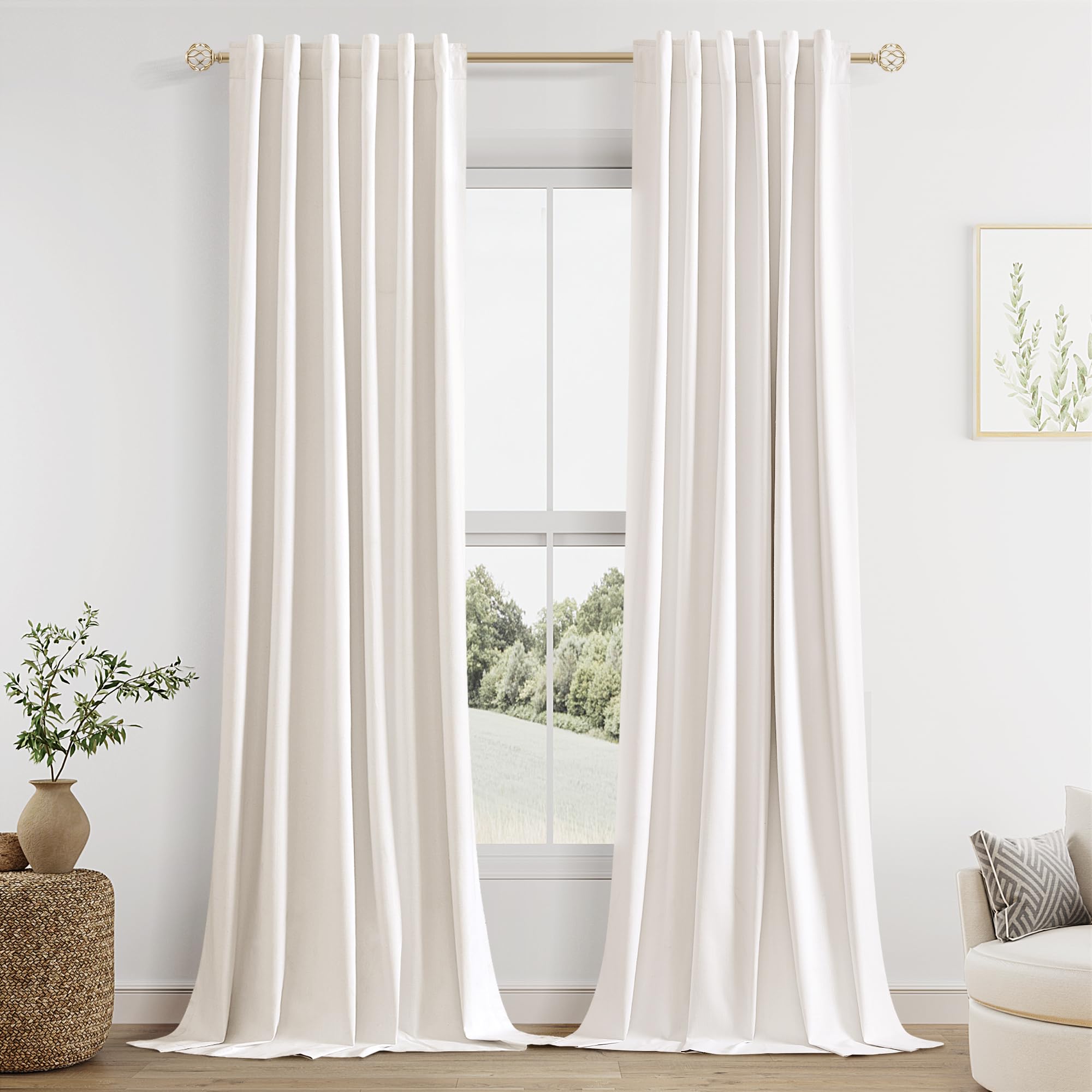 Guken 100% Blackout Linen Curtains 98 Inch Long by 52 Inch Wide 2 Panels Set for Living Room Bedroom Back Tab Thermal Insulated Black Out Linen Drapes Room Darkening Window Curtains, Ivory