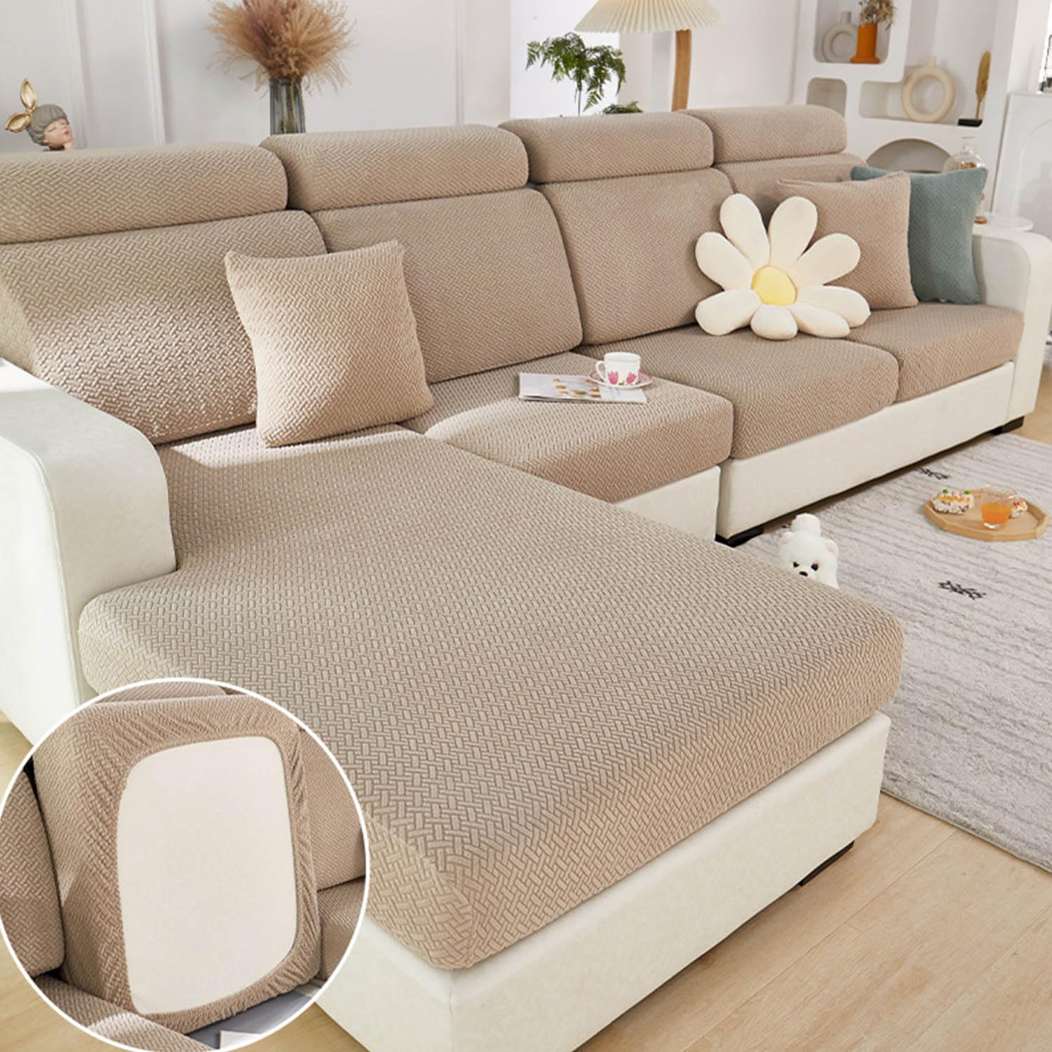 Disayu Sofa Covers Couch Covers for Sofa Pet Friendly Couch Cushion Covers Universal Sofa Covers Washable Stretch Slipcovers for Sectional Sofa (Texture Light Coffee, 2 Seats + Chaise Cover)
