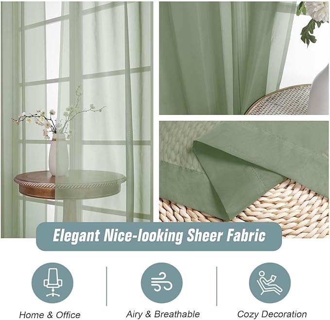 Extra Wide Sage Green Sheer Curtains 90 Inches Long 2 Panels, Light Filtering Lightweight Solid Sheer Curtains for Living Room, Window Voile Sheer Drapes, Dual Rod Pocket, 2x59Wx90L Inches