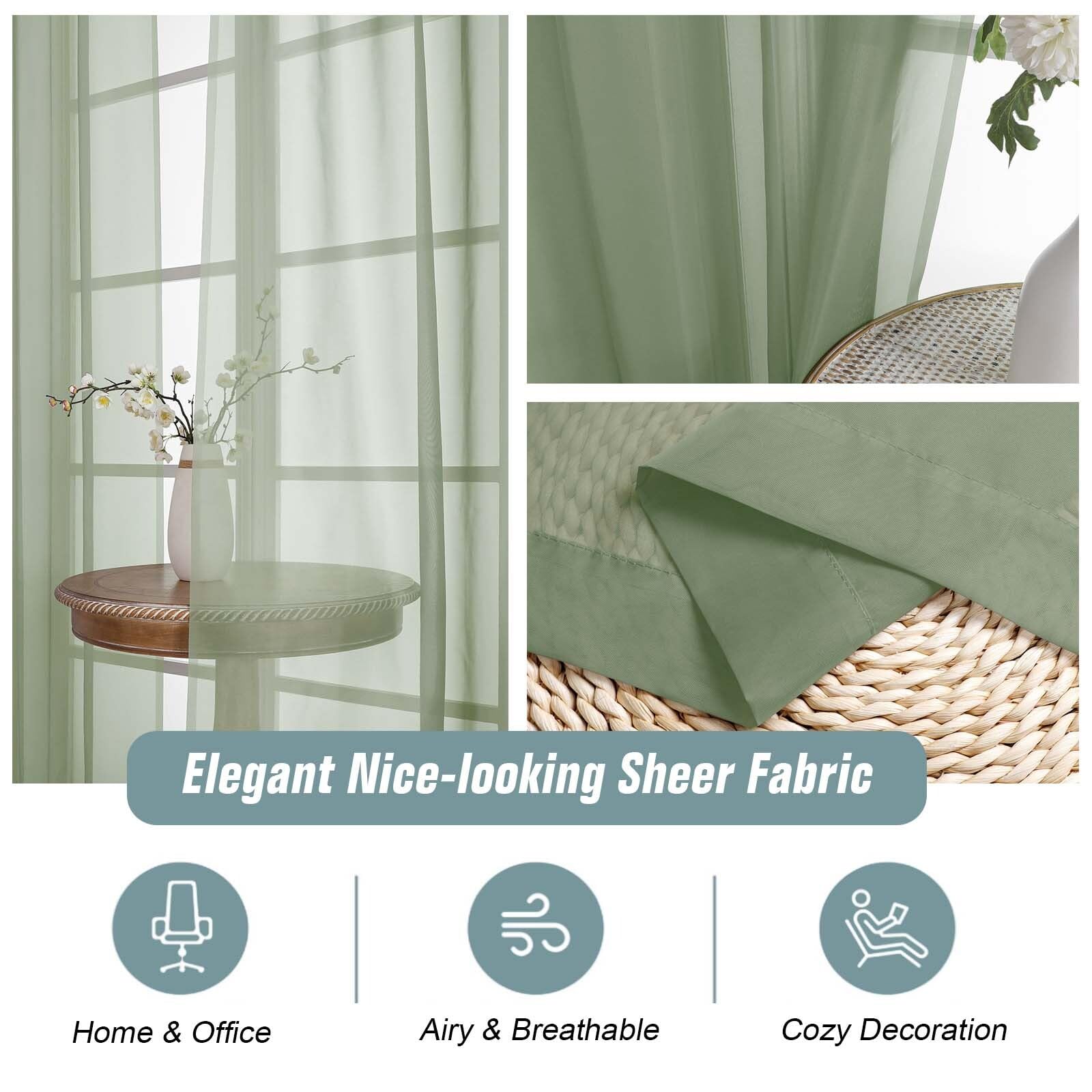 Ebesto Extra Wide Sage Green Sheer Curtains for Windows 108 inches Long, Lightweight Light Filtering Soft Drapes for Living Room Bedroom, Dual Rod Pocket Sheer Curtains, 2x59Wx108L inches, 9FT, 2PCS