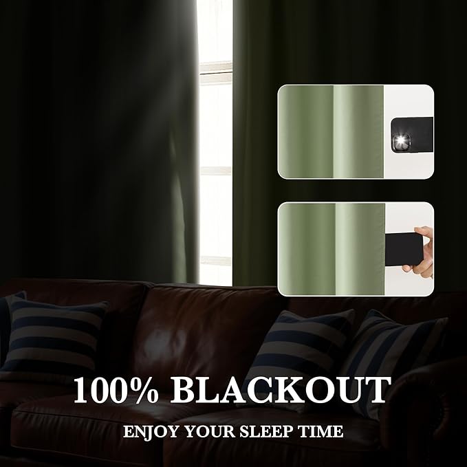 RYB HOME 100% Blackout Short Curtains for Small Window, Thermal Insulated Total Room Darkening Noise Reducing Curtains for Kitchen Bathroom Basement, 34 inches Wide by 48 inches Long, Sage Green