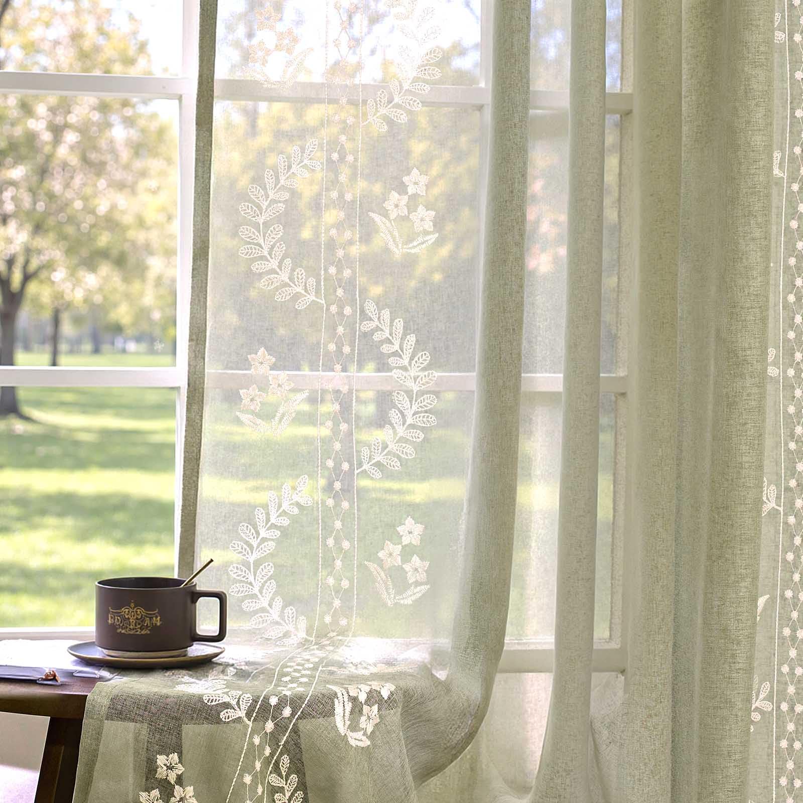 jinchan Floral Linen Curtains 84 Inch Farmhouse Back Tab 2 Panels