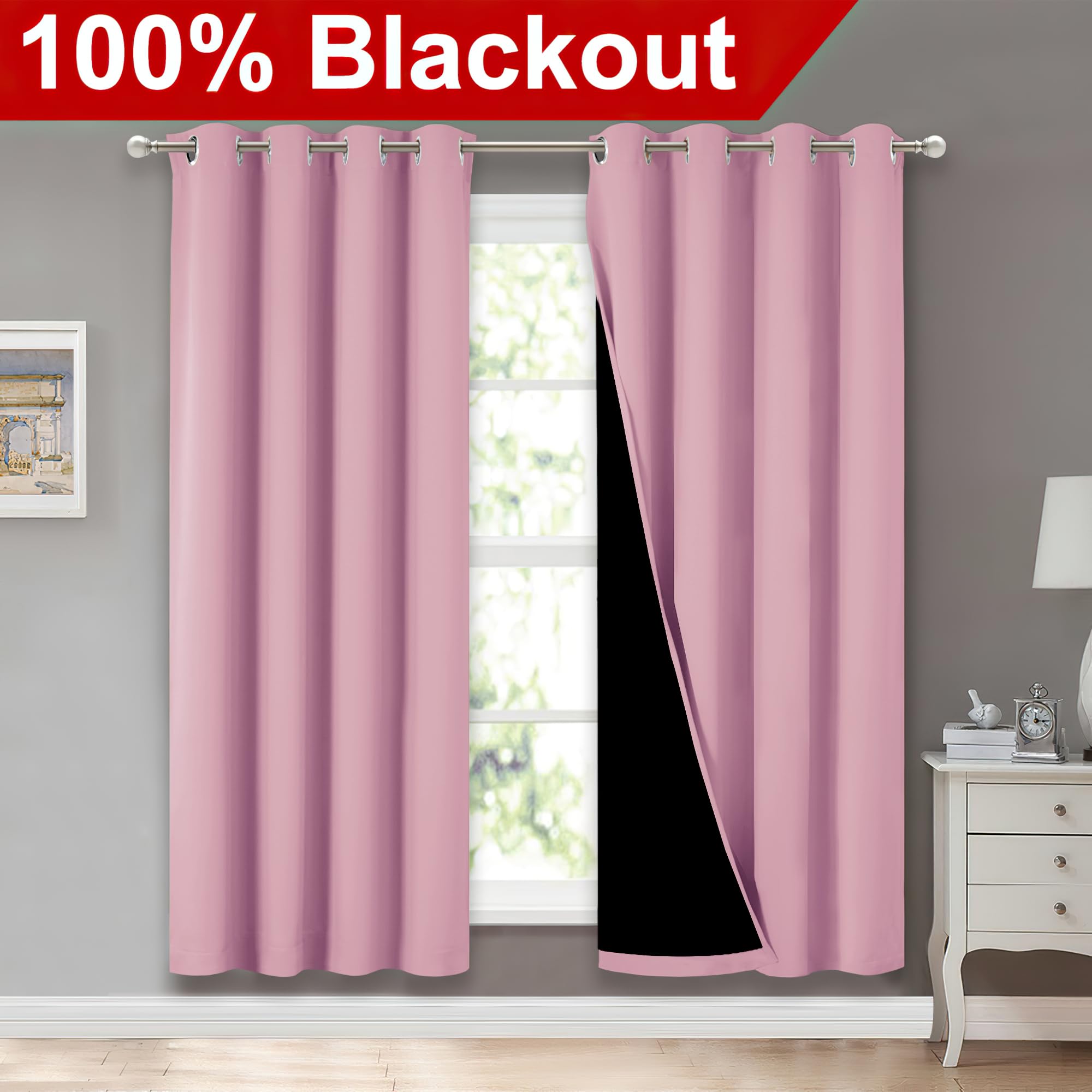 NICETOWN Crystal Pink Full Shade Curtain Panels, Pair of Energy Smart & Noise Blocking Out Blackout Drapes for Dining Room Window, Thermal Insulated Guest Room Lined Window Dressing(52 x 72 inch)