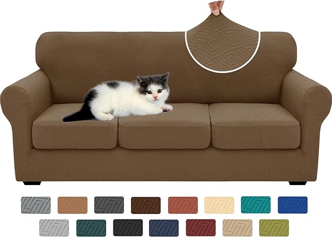 XINEAGE New 4 Pieces Couch Covers for 3 Cushion Couch Super Stretch Thick Soft Sofa Cover Anti Slip Sofa Slipcover Dogs Cats Furniture Protector (Brown, 71"-91")