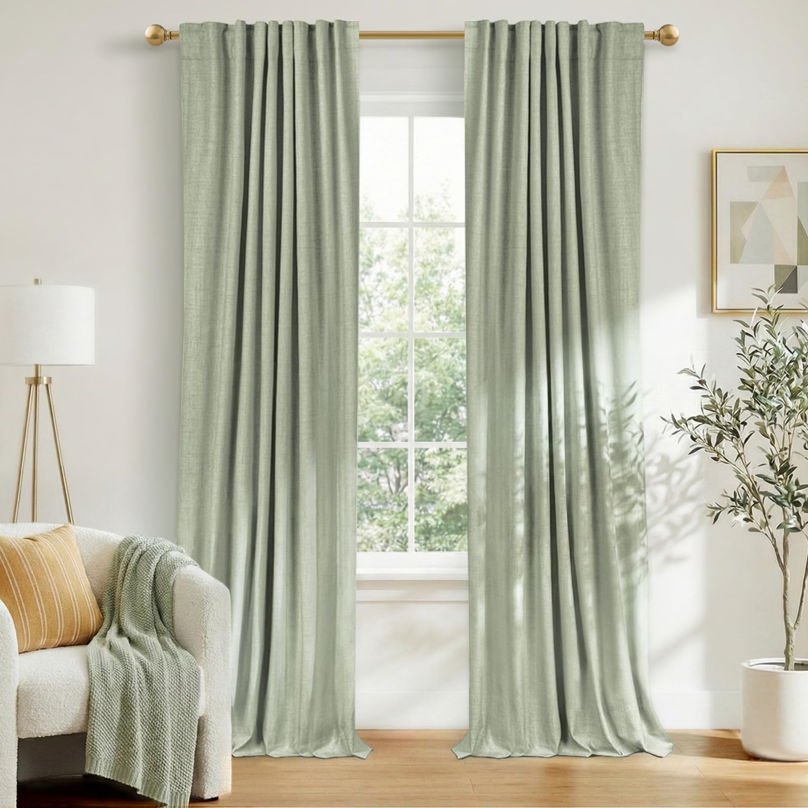 Faux Linen Total Blackout Curtains for Bedroom 96 Inches Long, Sage Green